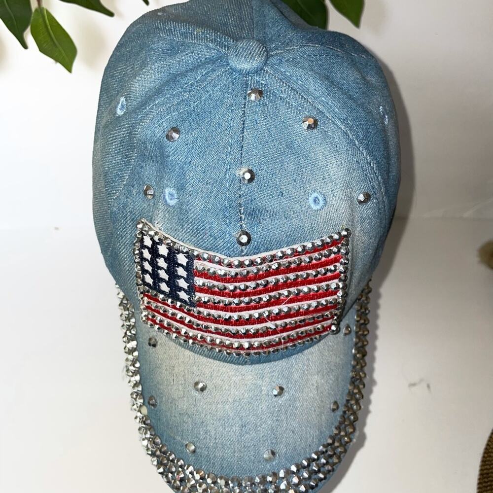 Patriotic USA Flag Blingy Denim Ball Cap Adjustable Rhinestones Streetwear - Picture 2 of 4